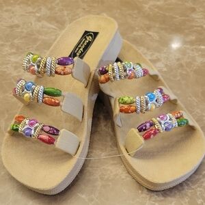 Grandco Tan Sandals Beaded Double-Strap Design, Sz 5
